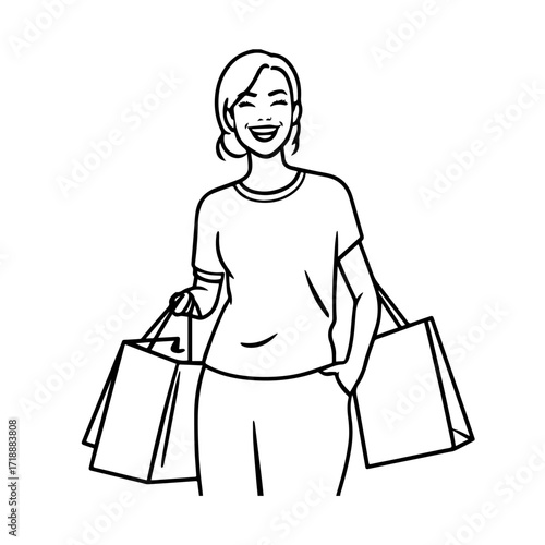 Black and white line art of a beautiful happy woman carrying shopping bags minimalist cheerful illustration