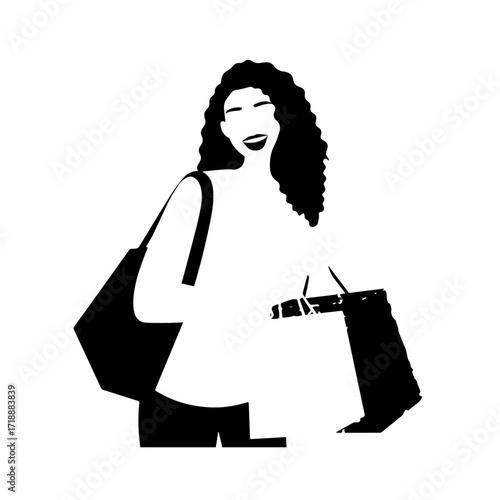 Black and white line art of a beautiful happy woman carrying shopping bags minimalist cheerful illustration