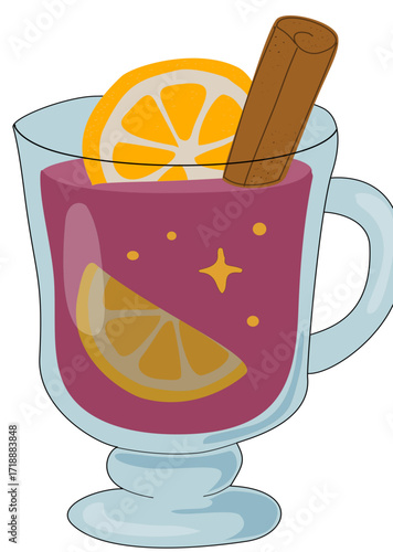 Illustration of mulled wine in a glass mug with orange slices and cinnamon stick, a festive winter holiday drink perfect for seasonal designs.
