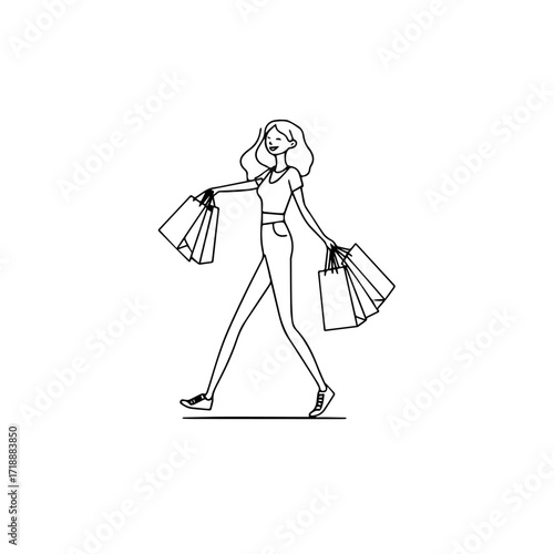 Black and white line art of a beautiful happy woman carrying shopping bags minimalist cheerful illustration