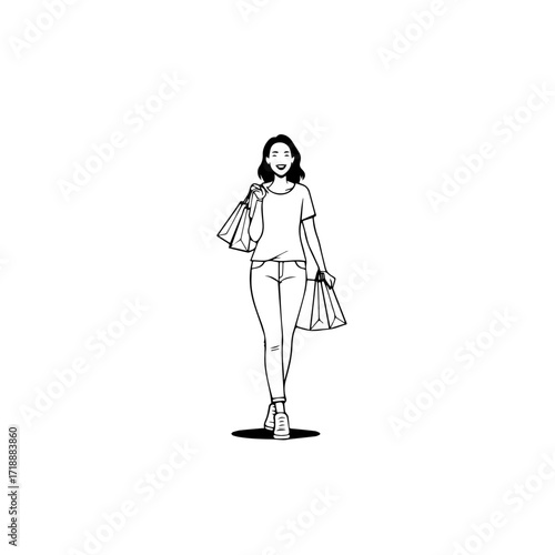 Black and white line art of a beautiful happy woman carrying shopping bags minimalist cheerful illustration