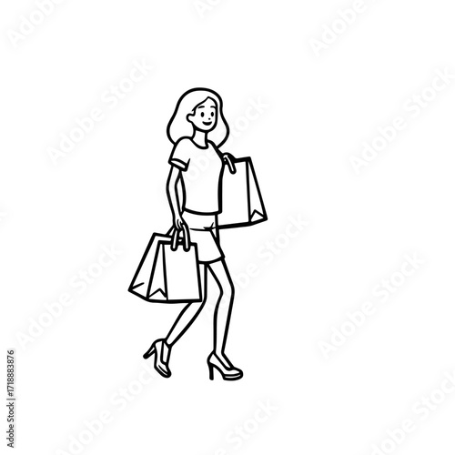 Black and white line art of a beautiful happy woman carrying shopping bags minimalist cheerful illustration