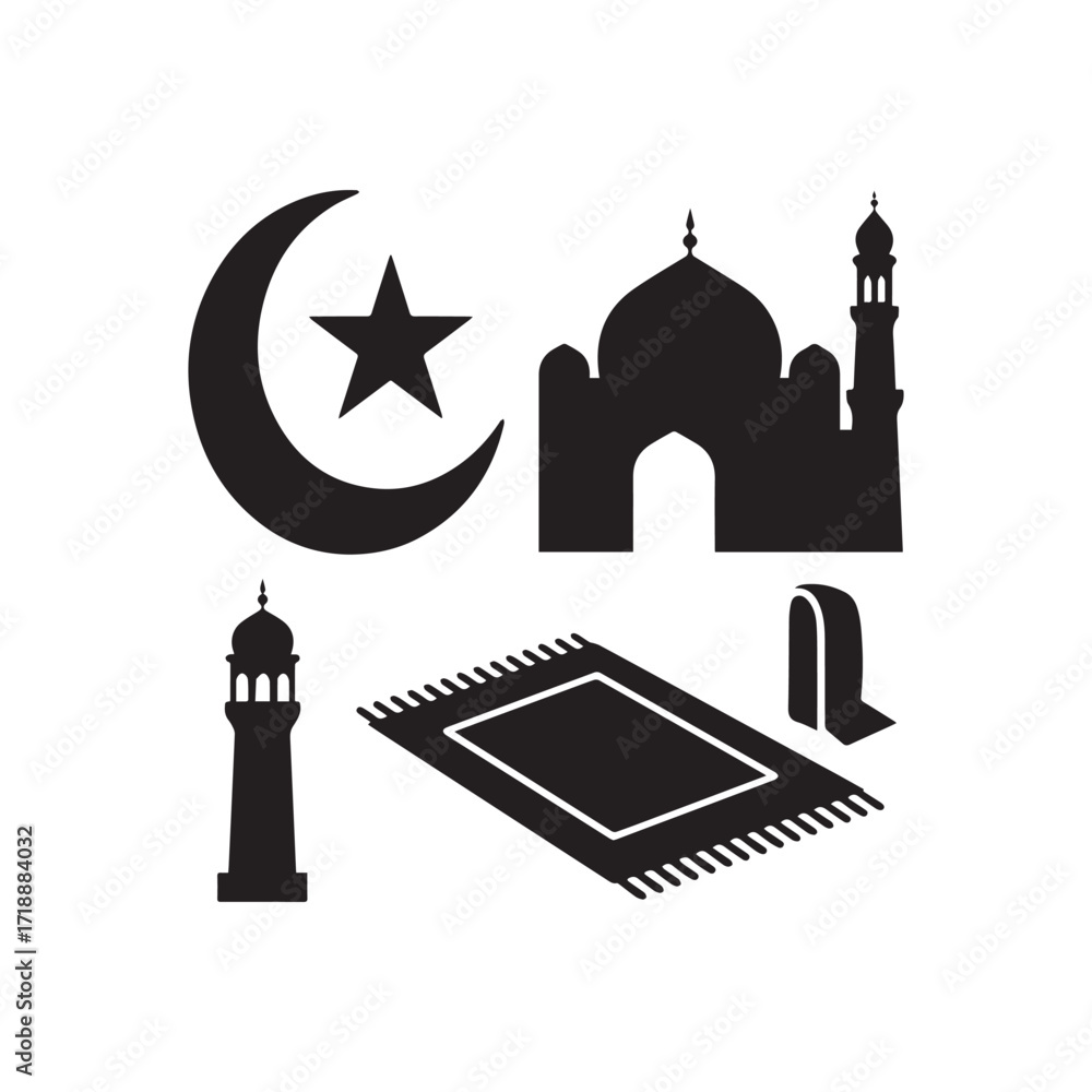 Obraz premium Collection of Islamic Silhouette Symbols Featuring Mosque, Crescent, Minaret, Prayer Rug. 