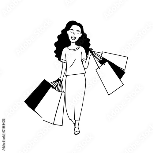 Black and white line art of a beautiful happy woman carrying shopping bags minimalist cheerful illustration