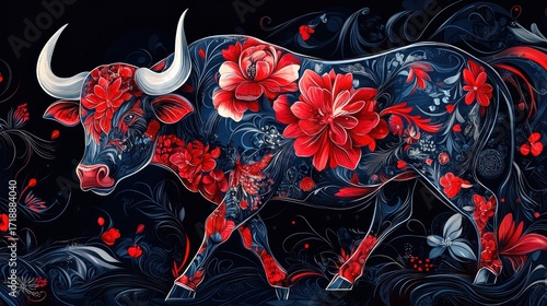 Wallpaper Mural Ornate decorative bull design with floral patterns.  Possible use for wallpaper or textile design. Torontodigital.ca