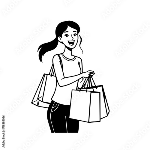 Black and white line art of a beautiful happy woman carrying shopping bags minimalist cheerful illustration