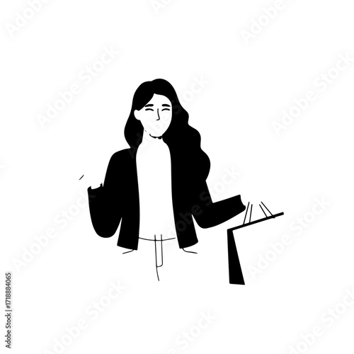 Black and white line art of a beautiful happy woman carrying shopping bags minimalist cheerful illustration