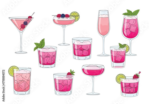 Vector illustration of illustration of collection of pink cocktails