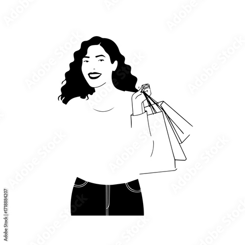 Black and white line art of a beautiful happy woman carrying shopping bags minimalist cheerful illustration
