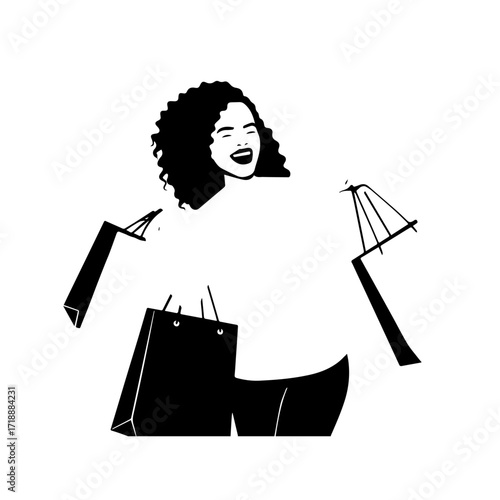 Black and white line art of a beautiful happy woman carrying shopping bags minimalist cheerful illustration