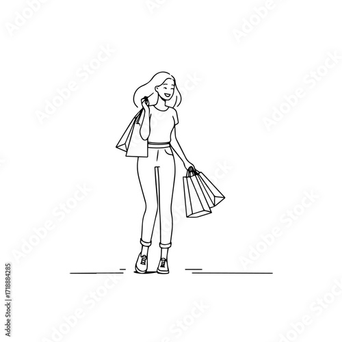 Black and white line art of a beautiful happy woman carrying shopping bags minimalist cheerful illustration