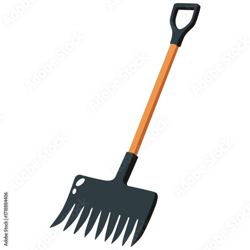 Black garden fork with wooden handle, sturdy digging tool illustration ideal for farming or soil work.

