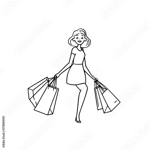 Black and white line art of a beautiful happy woman carrying shopping bags minimalist cheerful illustration