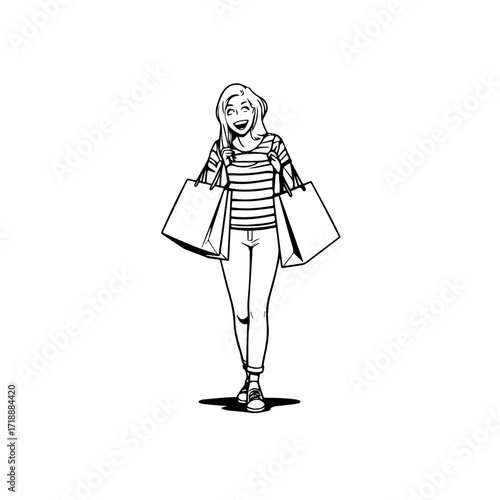 Black and white line art of a beautiful happy woman carrying shopping bags minimalist cheerful illustration