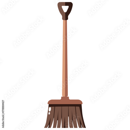 Brown push broom with white bristles, cleaning tool illustration perfect for household or yard work.

