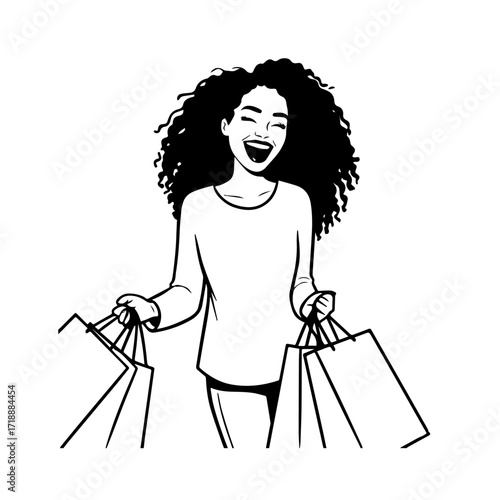 Black and white line art of a beautiful happy woman carrying shopping bags minimalist cheerful illustration