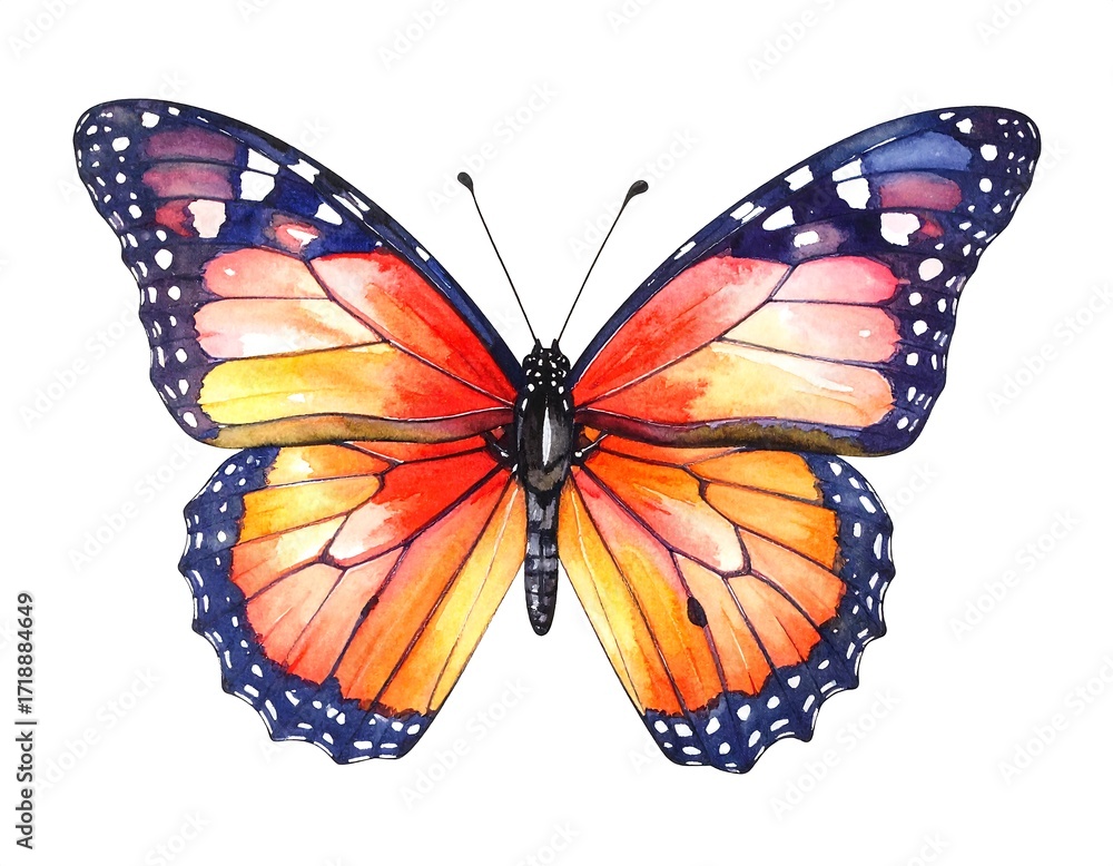 Obraz premium A vibrant watercolor painting of a monarch butterfly, showcasing intricate wing details and a gradient of orange and yellow hues.