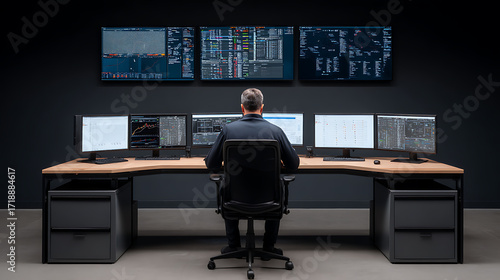 Person working at a multi-monitor workstation in a dark control room with data displays