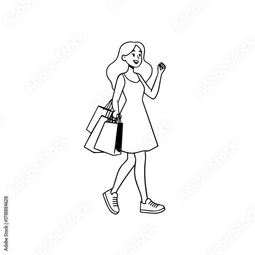 Black and white line art of a beautiful happy woman carrying shopping bags minimalist cheerful illustration
