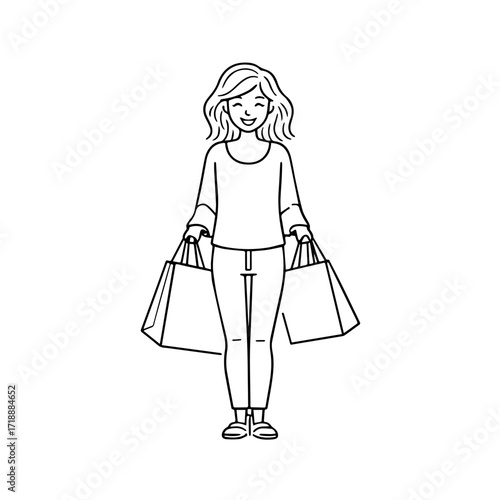 Black and white line art of a beautiful happy woman carrying shopping bags minimalist cheerful illustration