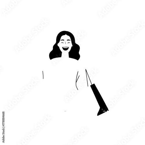 Black and white line art of a beautiful happy woman carrying shopping bags minimalist cheerful illustration