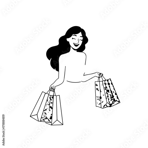 Black and white line art of a beautiful happy woman carrying shopping bags minimalist cheerful illustration
