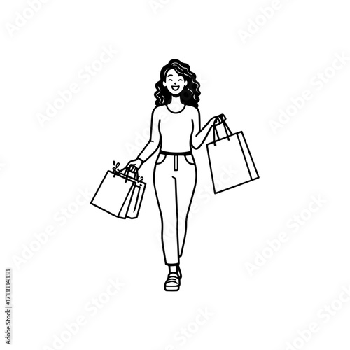 Black and white line art of a beautiful happy woman carrying shopping bags minimalist cheerful illustration