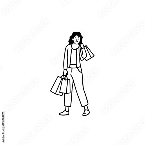 Black and white line art of a beautiful happy woman carrying shopping bags minimalist cheerful illustration