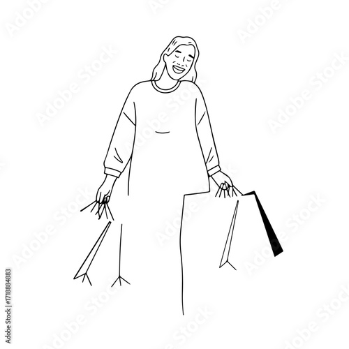 Black and white line art of a beautiful happy woman carrying shopping bags minimalist cheerful illustration