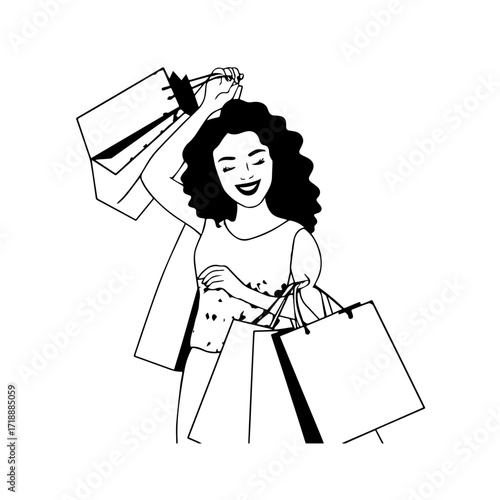 Black and white line art of a beautiful happy woman carrying shopping bags minimalist cheerful illustration