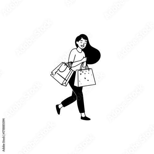 Black and white line art of a beautiful happy woman carrying shopping bags minimalist cheerful illustration
