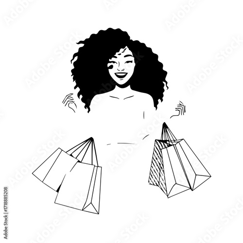Black and white line art of a beautiful happy woman carrying shopping bags minimalist cheerful illustration
