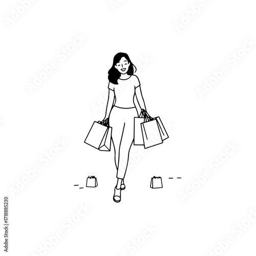 Black and white line art of a beautiful happy woman carrying shopping bags minimalist cheerful illustration