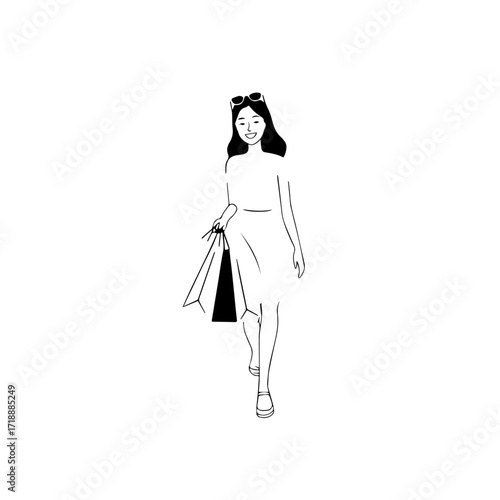 Black and white line art of a beautiful happy woman carrying shopping bags minimalist cheerful illustration