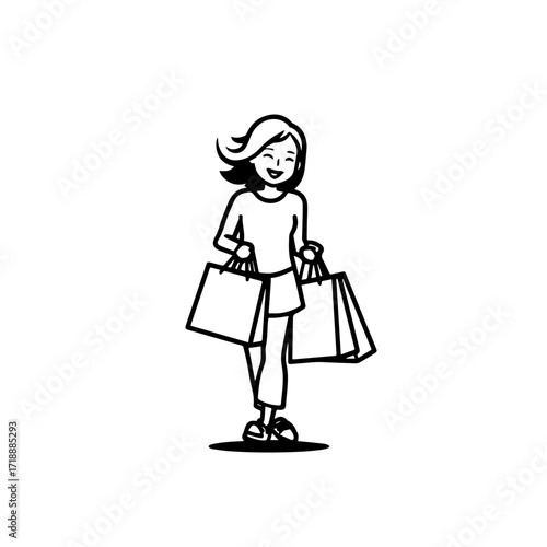 Black and white line art of a beautiful happy woman carrying shopping bags minimalist cheerful illustration