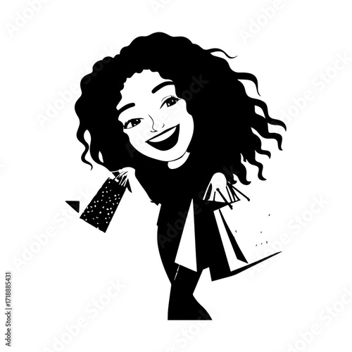 Black and white line art of a beautiful happy woman carrying shopping bags minimalist cheerful illustration