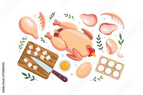 Raw Chicken, Chicken Cuts, Eggs, and Herbs Flat Lay: Preparing Poultry for a Delicious and Healthy Meal with Fresh Ingredients