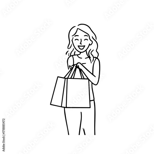 Black and white line art of a beautiful happy woman carrying shopping bags minimalist cheerful illustration