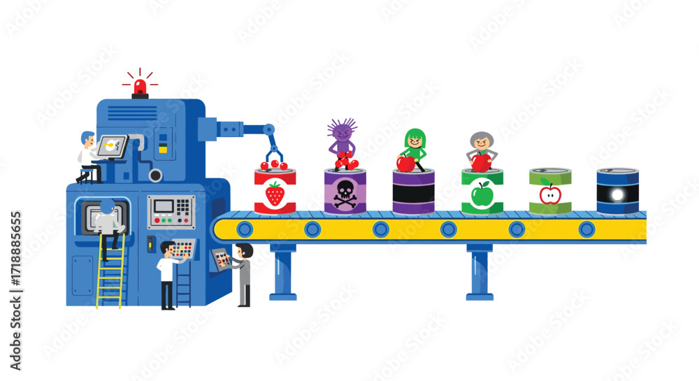 Obraz premium Cartoon Factory Conveyor Belt Producing Canned Goods with Fruit, Poison, and Other Symbols, Monitored by Engineers and Illustrating Modern Automated Manufacturing