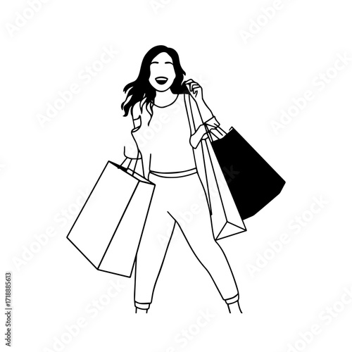 Black and white line art of a beautiful happy woman carrying shopping bags minimalist cheerful illustration