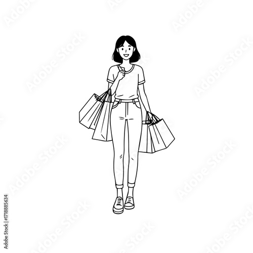 Black and white line art of a beautiful happy woman carrying shopping bags minimalist cheerful illustration