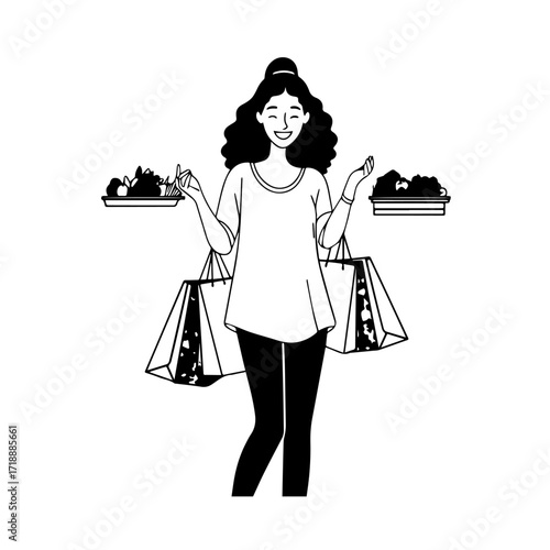 Black and white line art of a beautiful happy woman carrying shopping bags minimalist cheerful illustration