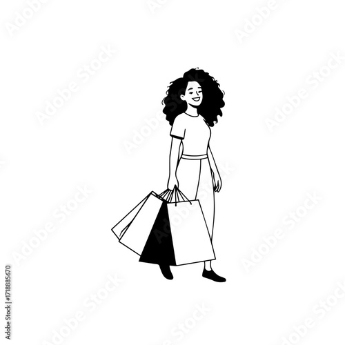 Black and white line art of a beautiful happy woman carrying shopping bags minimalist cheerful illustration
