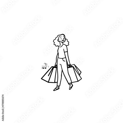 Black and white line art of a beautiful happy woman carrying shopping bags minimalist cheerful illustration