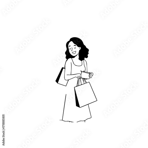 Black and white line art of a beautiful happy woman carrying shopping bags minimalist cheerful illustration