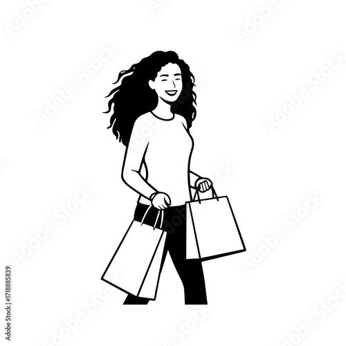 Black and white line art of a beautiful happy woman carrying shopping bags minimalist cheerful illustration