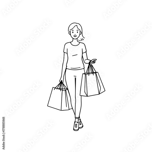 Black and white line art of a beautiful happy woman carrying shopping bags minimalist cheerful illustration