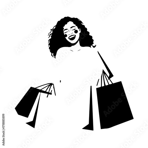 Black and white line art of a beautiful happy woman carrying shopping bags minimalist cheerful illustration