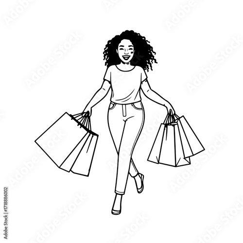 Black and white line art of a beautiful happy woman carrying shopping bags minimalist cheerful illustration