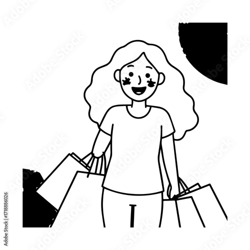 Black and white line art of a beautiful happy woman carrying shopping bags minimalist cheerful illustration